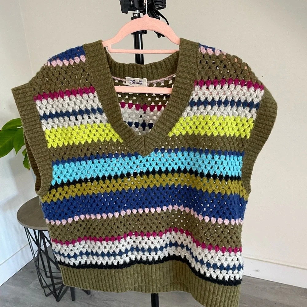 Baum Un Pferdgarten Striped Multicolor open Knit Sweater Vest - Olive Trim - Picture 3 of 6